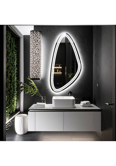 Evonna Beyaz Led'li Lazer Kumlamalı Lavabo & Banyo Aynası Dokunmatik Sensörlü 45 X 90 Cm