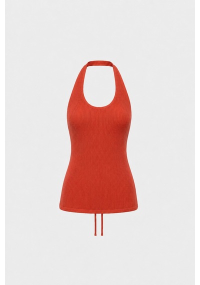 Suud Collection Turuncu Estel Halter Dökümlü Triko Bluz