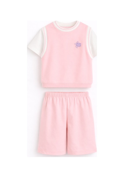 Harika Kids Kız Çocuk Şortlu Takım Yazlık Pamuklu Tişört Şort 2 Li Set Pembe