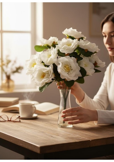 Yapay Çiçek Beyaz 10lu Gül Demeti 40 30cm Beyaz