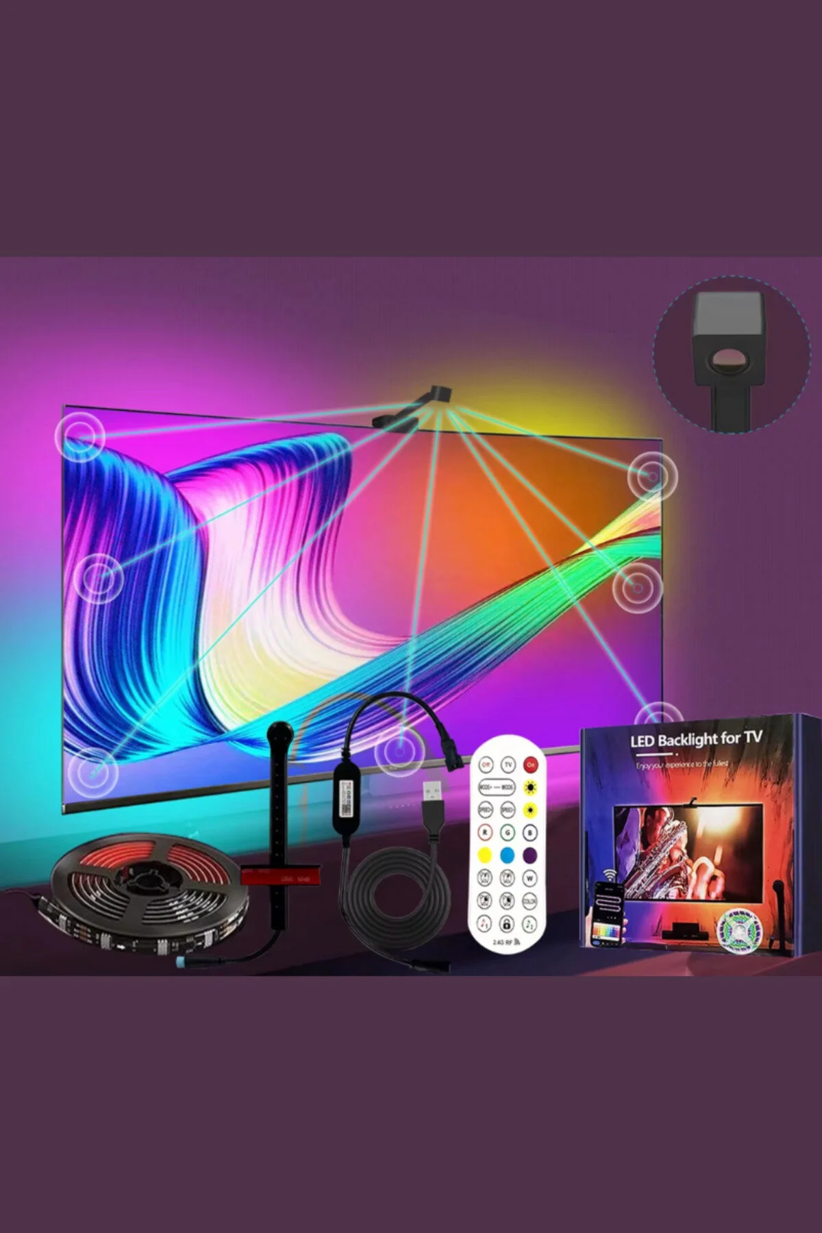 Televizyon Arkası Şerit Led Ambiyans Aydınlatma Ekran Senkronizasyonu Rgb Kameralı 5 Metre Çok Renkli