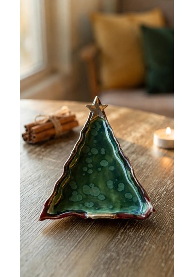 Forest El Yapımı Stoneware Sunum Tabağı Ağaç Formlu Tasarım Alacalı Yeşil Ve Kırmızı