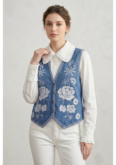 Saade Sââde Kadın V Yaka Çiçek Nakışlı Düğmeli Denim Yelek Mavi