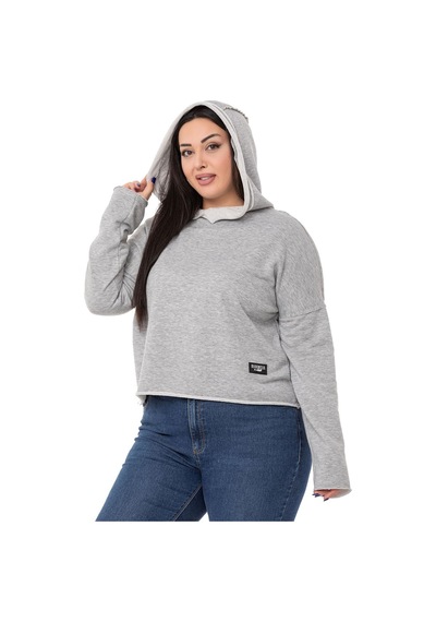Büyük Beden Kapüşonlu Düşük Kollu Pis Dikişli Üç İplik Gri Melanj Sweatshirt-gri Melanj Gri Melanj