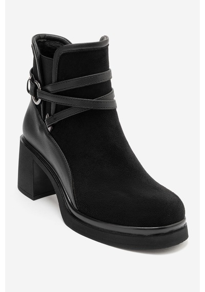 Luvi Shoes Venıce Siyah Süet Kemerli Kalın Topuklu Kadın Bot