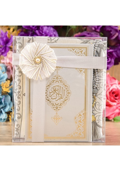 Hediyelik Kuran-ı Kerim, İnci Tesbih, Seccade, Asetat Kutulu 25x18 Cm Mevlid Paketi-gri