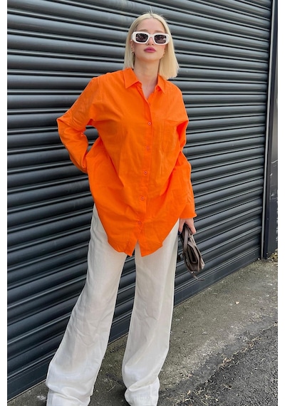 Madmext Turuncu Oversize Basic Cepli Poplin Gömlek Mg1530 Turuncu