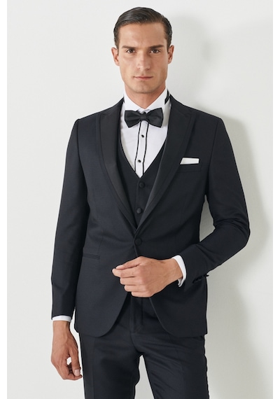 Ac&Co / Altınyıldız Classics Slim Fit Dar Kesim Kırlangıç Yaka Desenli Yelekli Smokin Takım Lacivert