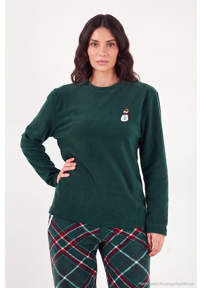 Lela Ekose Desenli Bisiklet Yaka Yumuşak Polar Pijama Takımı Kadın Pijama Takımı 6097059k Nefti