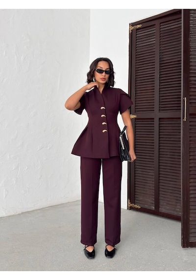 Modadua Gold Düğme Detaylı Peplum Kesim Şık Kadın Takım Mürdüm