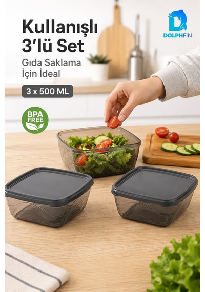 3 Lü Kare Saklama Kabı Seti 3x500 Ml Füme Şeffaf Siyah Kapaklı Bpa İçermez