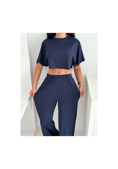 Gugus Yazlık Takım - Alt Üst Kadın Dokulu Kumaş -baggy Pantolon + Salaş Üst Lacivert