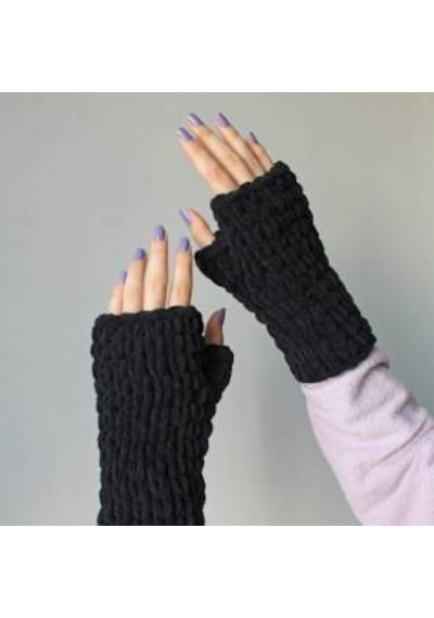 Burdenas Siyah Puffy Eldiven Trend Tasarım El Örmesi Kış Modası Siyah