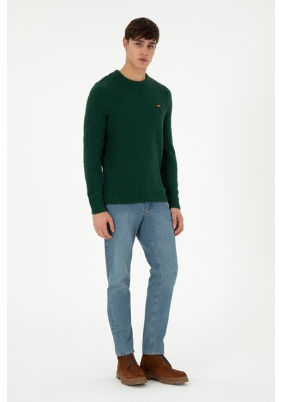 U.S. Polo Assn. Erkek Slim Fit Bisiklet Yaka Koyu Yeşil Kazak 50297050-VR079