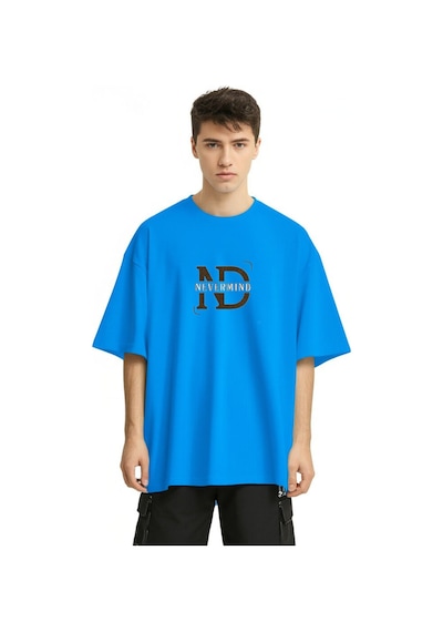Nevermind Baskılı Oversize Tişört Erkek Streetwear T-shirt Mavi