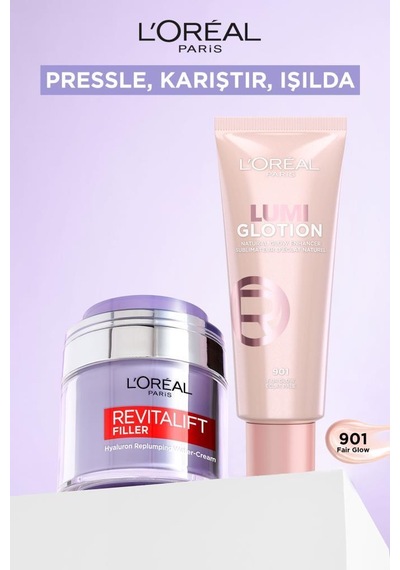 L'Oréal Paris Revitalift Filler Nemlendirici Yüz Kremi 50 Ml + Glotion Doğal Işıltı 901 Fair Glow 40 Ml pktpresscreamakyaj3-11258