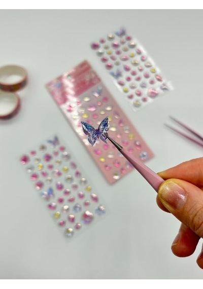 Holografik Çiçek Ve Kelebek Pembe Paket Tek Yaprak 42 Adet Taş Sticker Seti/etiket/çıkartma 1