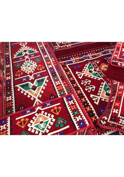 Turkıshrug Kıngdom Otantik Anadolu Serisi 13 Parça Şark Köşesi Takımı - Süngerli, Puflu Ve Kilim Set Kırmızı