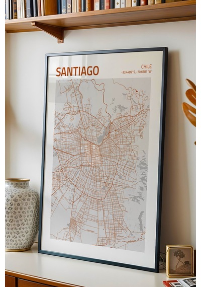 Santiago Şili Chile Haritası Çerçeveli Tablo Lüks Salon Ofis Duvar Dekorasyonu Hediyelik Tablo