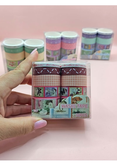 Vintage Washi Tape Bant Baskılı Yapışkanlı Maskeleme Kağıdı Desenli Bant 10'lu - Bordo Pul Mektup 1
