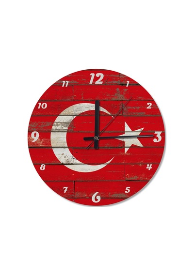 Ahşap Zeminde Türk Bayrağı Ahşap Duvar Saati (407344131) Ahşap