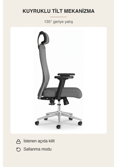 Upstyle Yamaç Başlıklı Ergonomik Çalışma Ve Yönetici Koltuğu Gri 66 125 65 Cm
