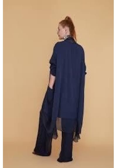 Bohem Stil Italyan Ipek Detaylı Oversize Kaftan & Bluz-8711 Lacivert