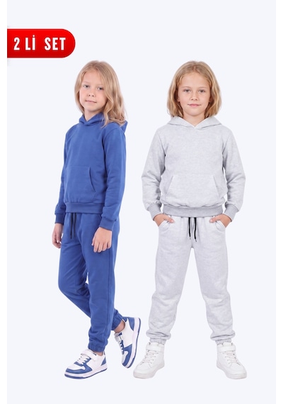 Fyk Kids 2'li Kız Çocuk Düz Kanguru Cepli Kapüşonlu 4 Parça Eşofman Takımı Sax-gri