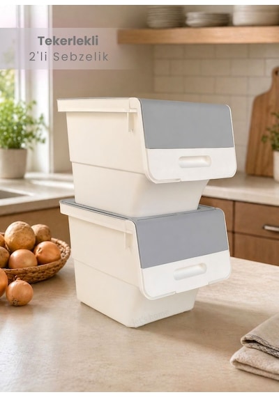 2 Li Gri Tekerlekli Sebzelik Patates Soğan Sepeti Modern Organizer Patateslik Basic Soğanlık 24 L Gri-beyaz