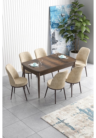 Canisa Han Serisi, Barok Ahşap Desen 70x114, Açılabilir Mdf Mutfak Masa Takımı, 6 Krem Sandalye Masa Barok Sandalyeler Krem