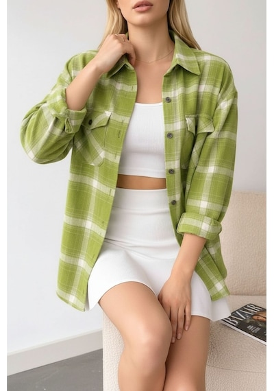 Mamayaga Kadın Desen Bloklu Oduncu Oversize Bol Ve Geniş Kalıp Casual Cepli Yakalı Ceket Gömlek Çağla
