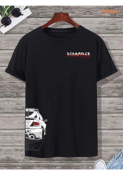 Unisex Oversize Distance Baskılı Siyah T-shirt Siyah