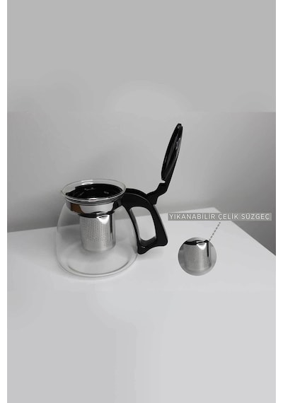 Yakut Siyah Süzgeçli Cam Demlik 900ml Ve Bitki Çayı Yeşil Çay Demleme Süzgeci Makaslı