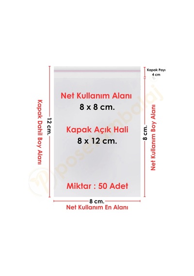8x8+4 Cm. 8x12 50 Adet Şeffaf Bantlı Yapışkanlı Opp Poşet