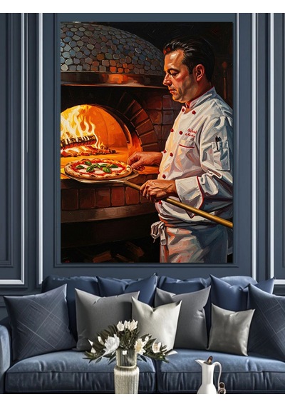 Taş Fırında Pizza Pişiren Usta Dekoratif Kanvas - Mdf Ahşap Tablo