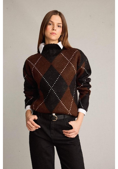 Defacto Overshirt Fit Yarım Balıkçı Yaka Baklava Desenli Triko Kazak G7522ax25wnbn214 Kahve-bn214