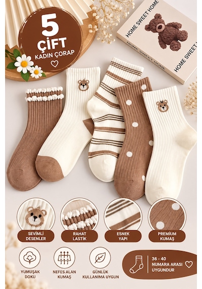 Hitit Socks Kadın 5 Çift Premium Ayı Ve Çizgi Desenli Uzun Kolej Çorap Çok Renki Kahverengi