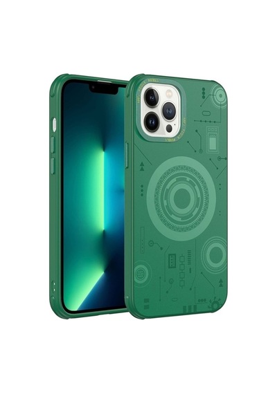 Apple Uyumlu iPhone 13 Pro Max Kılıf Zore Wireless Şarj Özellikli Desenli Hot Kapak Koyu Yeşil