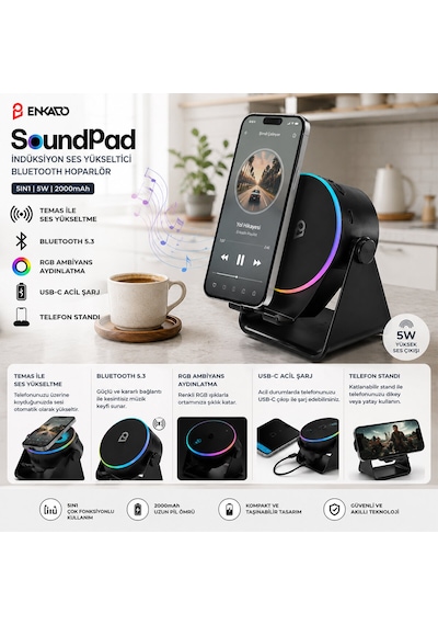 Soundpad 5ın1 - 5w - 2000mah Temas İle Ses Yükseltme - Telefon Stand - Usb-c Şarj Siyah İndiksiyon Ses Yükseltici Bluetooth Hoparlör Speaker Ekd-s10 5250