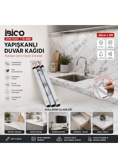 2mt X 60cm Beyaz Mermer Desenli Tezgah Üstü Folyo Sticker - Duvar Kağıt Kendinden Yapışkanlı - Eko Dekorasyon - Dayanıklı