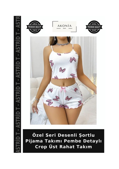 Astrid T Özel Seri Desenli Şortlu Pijama Takımı Pembe Detaylı Crop Üst Rahat Takım Beyaz - Pembe