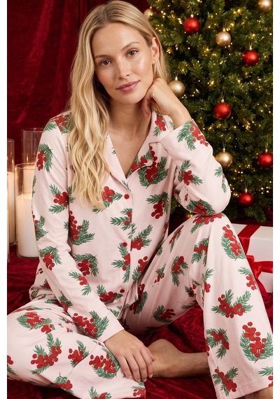 Siyah İnci Yılbaşı Temalı Desenli Termal Kumaşlı Ultra Soft Yumuşak Düğmeli Örme Pijama Takımı 26226114 Pembe