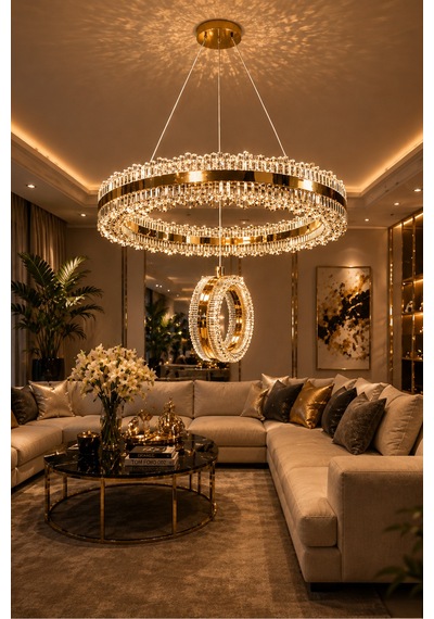Zerafet Lüks Gold Kaplamalı Çift Yönlü Aydınlatmalı Kumandalı Dimmerli 3 Renk Ledli Avize Led Avize- Çap 40 Cm Gold Gold