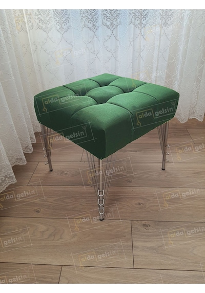 Modern Dilim Puf Ayakucu Puf Gümüş Metal Ayak 45 45 Yeşil