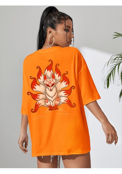 Uyguntarz Unisex Kuyruklu Tilki Tasarım Basklı Tshirt Turuncu