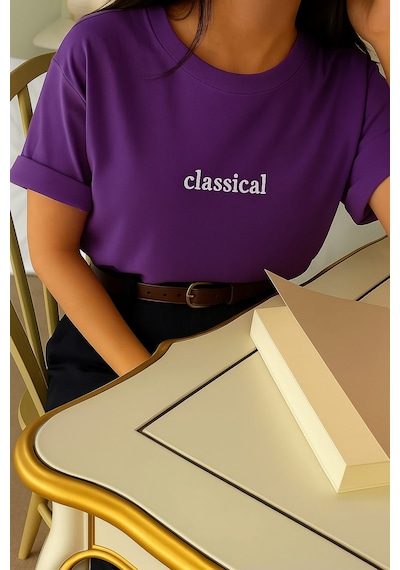 Classıcal Baskılı Oversize Unisex Tişört Mor