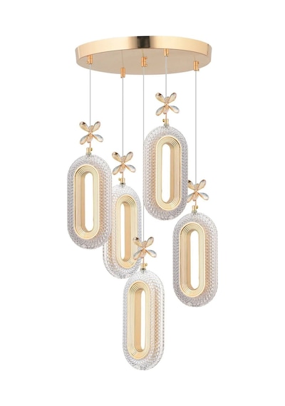 LumiaLighting Eclipse Model 5'li Kumandalı Gold 3 Renk Ledli Kristal Taşlı Modern Salon Mutfak Oturma Odası Led Avize Altın