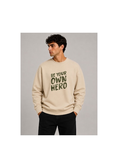 Herkesemoda Hero Baskı Detaylı Bisiklet Yaka Şardonlu 2 İplik Sweatshirt Bej