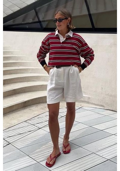 Bordo Çizgili Polo Yaka Kadın Uzun Kollu Tişört Mg2575 Bordo