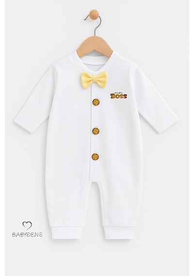 Babyden's Mini Boss Papyonlu Erkek Bebek Tulum Düğmeli Tasarım, Uzun Kollu Yenidoğan Tulumu Sarı